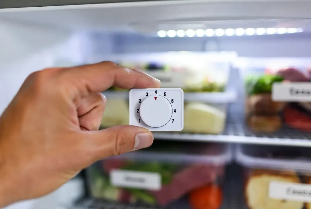 A hand adjusting a freezer temperature dial marked 1 to 7