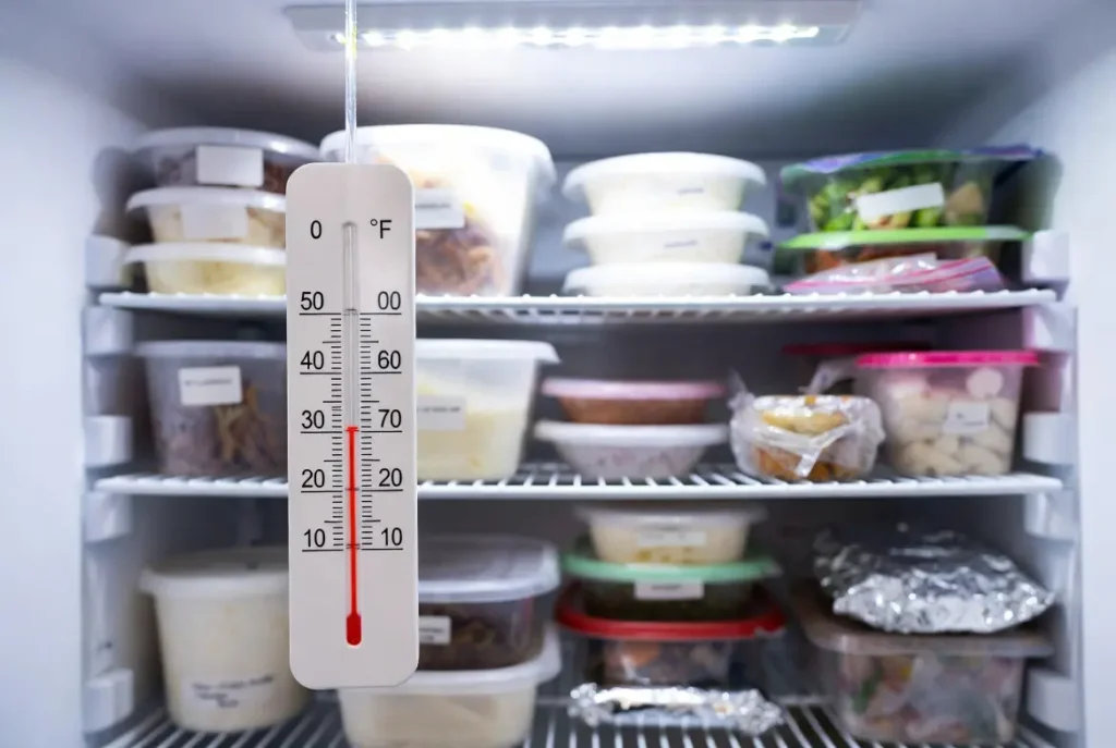 A freezer thermometer reading 0°F hanging inside a well-organized freezer
