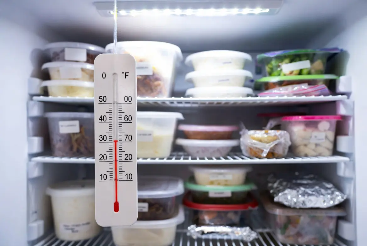 ideal freezer temperature A freezer thermometer reading 0°F hanging inside a well-organized freezer